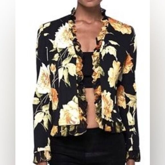 St. John Sport Yellow Black Floral ruffled blazer Jacket XS - Picture 1 of 9